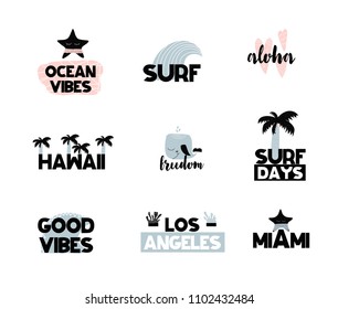 Summer labels, logos, hand drawn tags and elements collection for summer holiday, travel,hawaii, palm, surf, beach vacation, sun,. Vector
