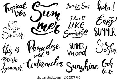 Summer labels, logos, hand drawn tags  set for summer holiday, travel, beach vacation, sun. Vector illustration.