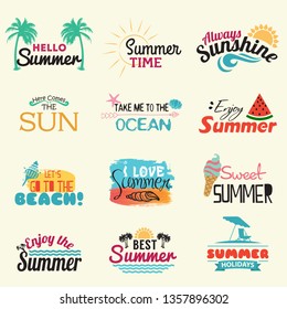 Summer labels, logos, hand drawn tags and elements set for summer holiday, travel, beach vacation, sun. Vector illustration. - Vector illustration