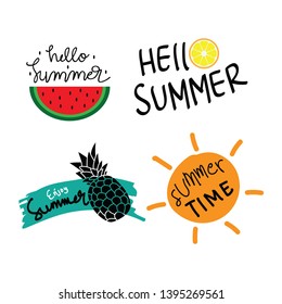 Summer labels, logos, hand drawn tags and elements set for summer holiday, travel, beach vacation, sun