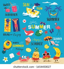 Summer labels, logos, hand drawn tags and elements set for summer holiday, travel, beach vacation, sun. Vector illustration. 