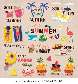 Summer labels, logos, hand drawn tags and elements set for summer holiday, travel, beach vacation, sun. Vector illustration. 