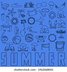 Summer labels, logos, hand drawn tags and elements set for summer holiday, travel, beach vacation, sun. Vector illustration.