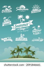 Summer labels, logos, hand drawn tags and elements set for summer holiday, travel, beach vacation, sun