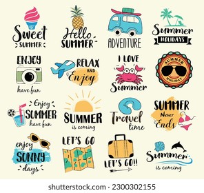 Summer labels, logos, hand drawn tags and elements set for summer holiday, travel, beach vacation, sun. Summer holiday background. Vector illustration. 