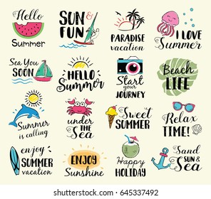 Summer labels, logos, hand drawn tags and elements set for summer holiday, travel, beach vacation, sun. Vector illustration. 