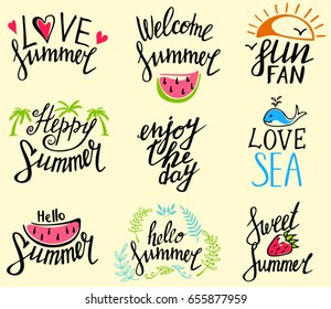 Summer labels, logos, hand drawn tags and elements set for summer holiday. Hand drawn  summer signs and banners. Vector illustration.