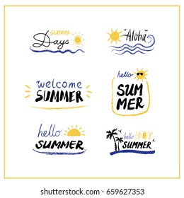 Summer labels, logos, hand drawn tags and elements set for summer holiday, travel, beach vacation, sun. Vector illustration