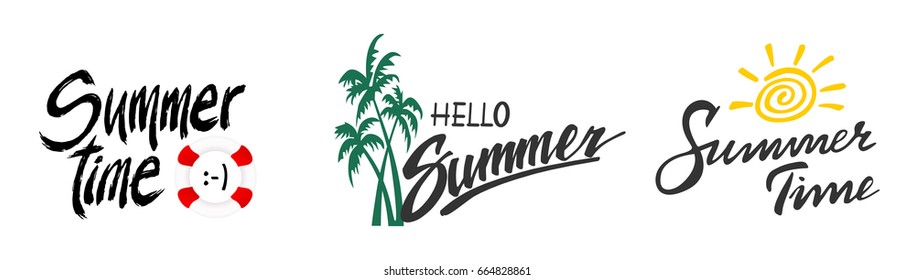 Summer labels, logos, hand drawn tags and elements set for summer holiday, travel, beach vacation, sun. 