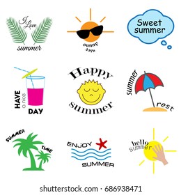Summer labels, logos, hand drawn tags and elements set for summer holiday, travel, beach vacation, sun. Vector illustration.