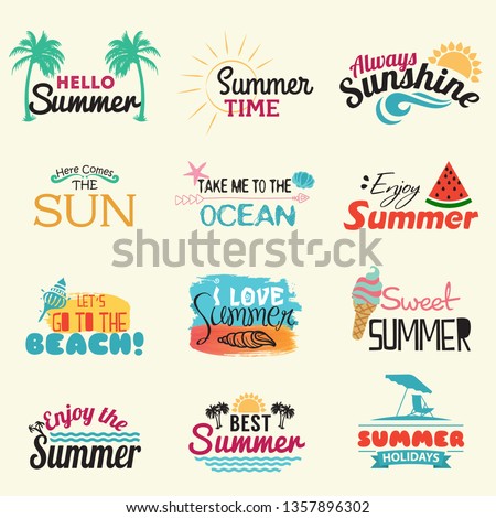 Summer labels, logos, hand drawn tags and elements set for summer holiday, travel, beach vacation, sun. Vector illustration. - Vector illustration