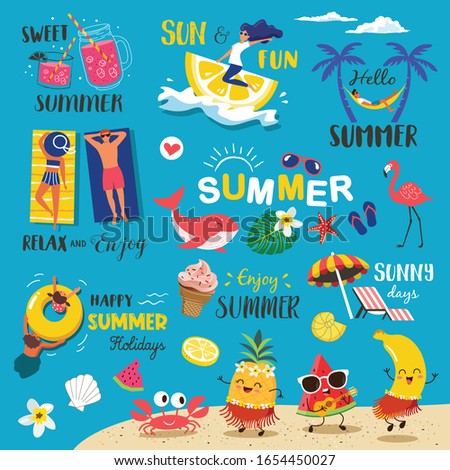 Summer labels, logos, hand drawn tags and elements set for summer holiday, travel, beach vacation, sun. Vector illustration. 