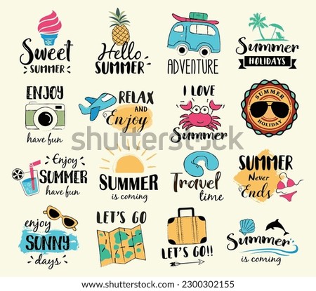 Summer labels, logos, hand drawn tags and elements set for summer holiday, travel, beach vacation, sun. Summer holiday background. Vector illustration. 
