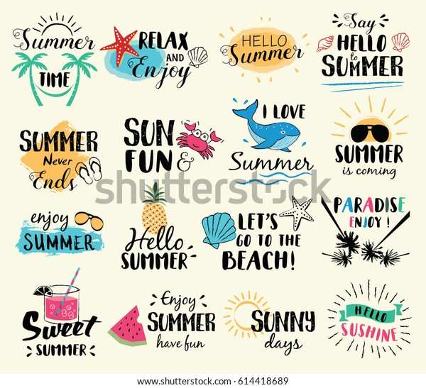 Summer\
labels, logos, hand drawn tags and elements set for summer holiday,\
travel, beach vacation, sun. Vector\
illustration.