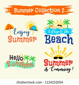 Summer labels, logos, illustration hand drawn tags and elements set for summer holiday, travel, beach vacation. Can use for banner, poster, apparel, ads, and invitation on background yellow pale