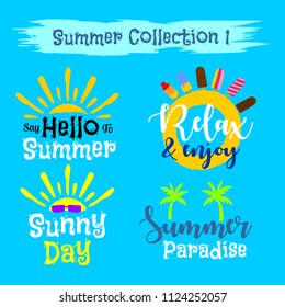 Summer labels, logos, illustration hand drawn tags and elements set for summer holiday, travel, beach vacation. Can use for banner, poster, apparel, ads, and invitation on background blue