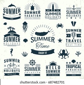 Summer labels, logos, tags and elements set for summer holiday, travel, beach party, vacation. Vector illustration