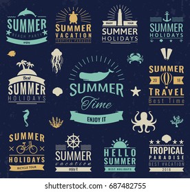 Summer labels, logos, tags and elements set for summer holiday, travel, beach party, vacation. Vector illustration