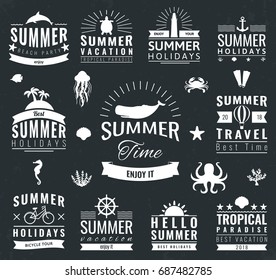 Summer labels, logos, tags and elements set for summer holiday, travel, beach party, vacation. Vector illustration