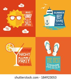 summer labels and signs in flat style. Summer holidays typography. Vector illustration design elements. 