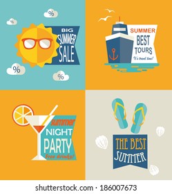 summer labels and signs in flat style. Summer holidays typography. Vector illustration design elements. 