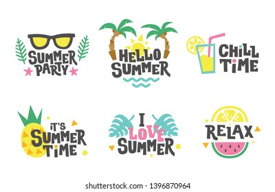 Summer Labels, Stickers, Icons, Logo Set. Tropical Party Elements In Flat Style. Chill, Relax, Love. Cute Holiday Badges.