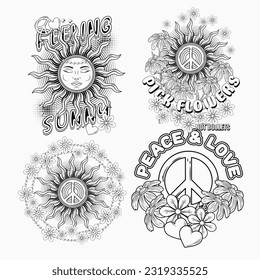 Summer labels with sun, peace sign, chamomile flowers, hearts. Concept of peace, love and harmony. For clothing, apparel, T-shirts, surface decoration. Retro style illustration on white background.