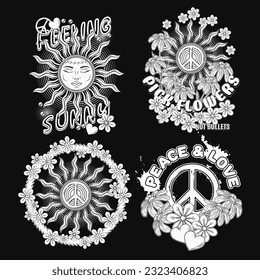 Summer labels with sun, peace sign, chamomile flowers, hearts. Concept of peace, love and harmony. For clothing, apparel, T-shirts, surface decoration. Retro style illustration on black background.