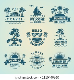 Summer labels. Vector illustrations of tropical logos and badges. Beach party sea, vacation and holiday