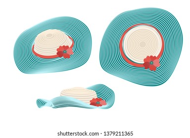 Summer ladies' hat of turquoise color. Panama striped with red poppy flower. Isometric, top view and side view. Vector image on white background. Graphic item of clothing