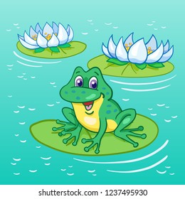 Summer lake. Funny green frog sitting on the big leaf among the lilies. On the blue background.