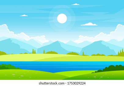 Summer Lake Green Nature Field Land Sky Landscape Illustration