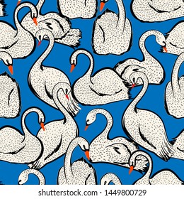 Summer lake with hand drawn doodle line sketch swan birds seamless pattern in vector , Design for fashion , fabric, web,wallpaper and all prints on summer blue background color