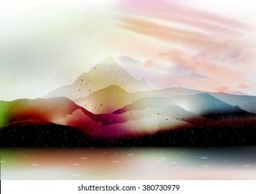 Summer Lake Valley with Mountains - Vector Illustration
