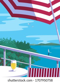 Summer lakeside leisure time flat color vector. Blue river scenic view. Hand drawn pop art retro style. Holiday vacation season poster template. Tourist rest advertisement background illustration