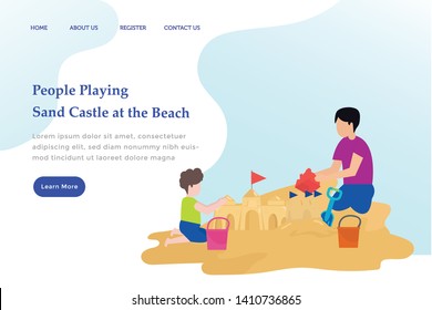 Summer Landing Page Background With family playing sand castle at the beach