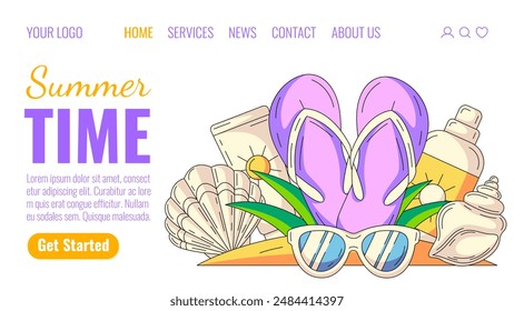 Summer landing page. Beach elements in sand. Flip flops, sunscreen, sunglasses, seashell. Creative vector web template for website, homepage, banner. Summertime, season vacation, travel and tourism