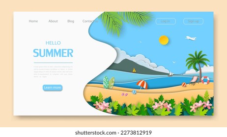 Summer landing page on paper cut and craft style,vector illustration