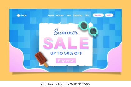 Summer landing page template paper cut style with attractive pastel colors  