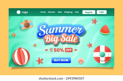 Summer landing page template paper cut style with attractive pastel colors