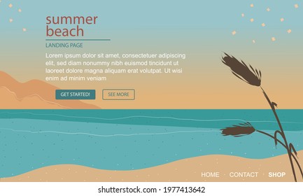 Summer landing page for web design. Simple and flat style sea and beach illustration in blue and sand colors with canes and mountains, fully vectored and textured. Suitable for web, backgrounds or app