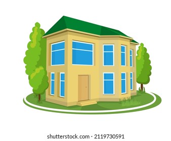 Summer landscape. 3D cottage icon surrounded by trees. Vector illustration