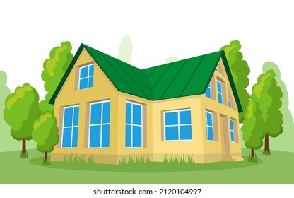 Summer landscape. 3D cottage icon surrounded by trees. Vector illustration