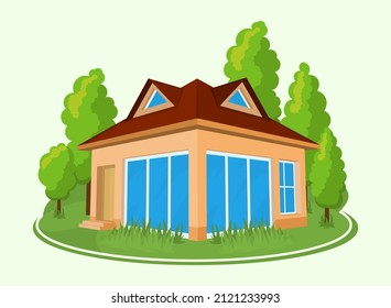 Sommerlandschaft. 3D Cottage Ikone umgeben von Bäumen. Vektorgrafik