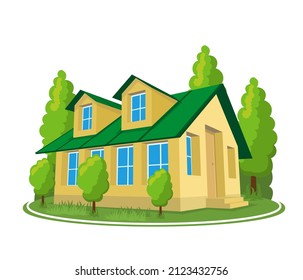 Summer landscape. 3D cottage icon surrounded by trees. Vector illustration