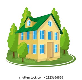 Summer landscape. 3D cottage icon surrounded by trees. Vector illustration