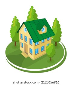 Summer landscape. 3D cottage icon surrounded by trees. Vector illustration