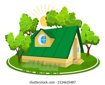 Paisaje veraniego. Icono de cabaña 3D rodeado de árboles. Ilustración del vector