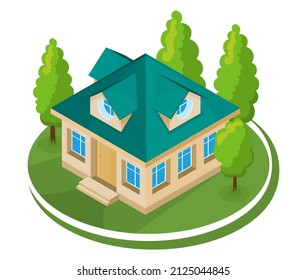 Summer landscape. 3D cottage icon surrounded by trees. Vector illustration