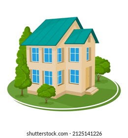 Summer landscape. 3D house icon surrounded by trees. Vector illustration